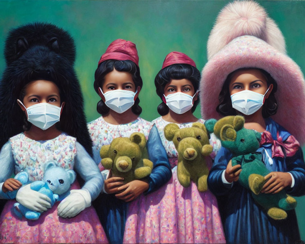 Four girls wearing large traditional hats and face masks with teddy bears on green background