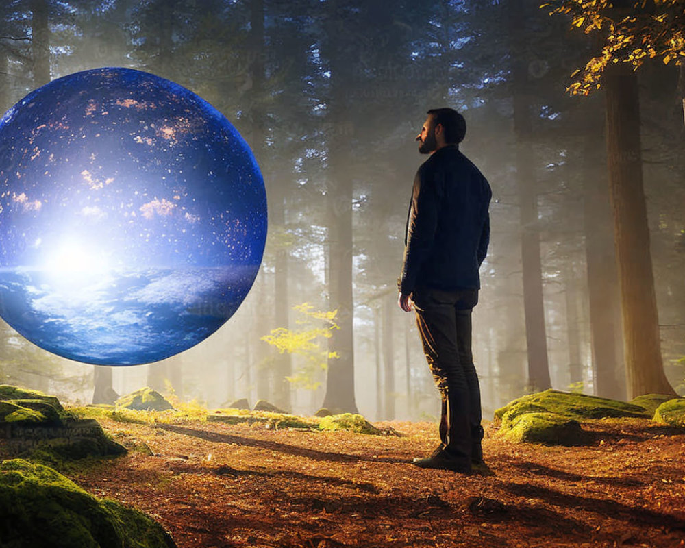 Man gazing at large celestial sphere in misty forest