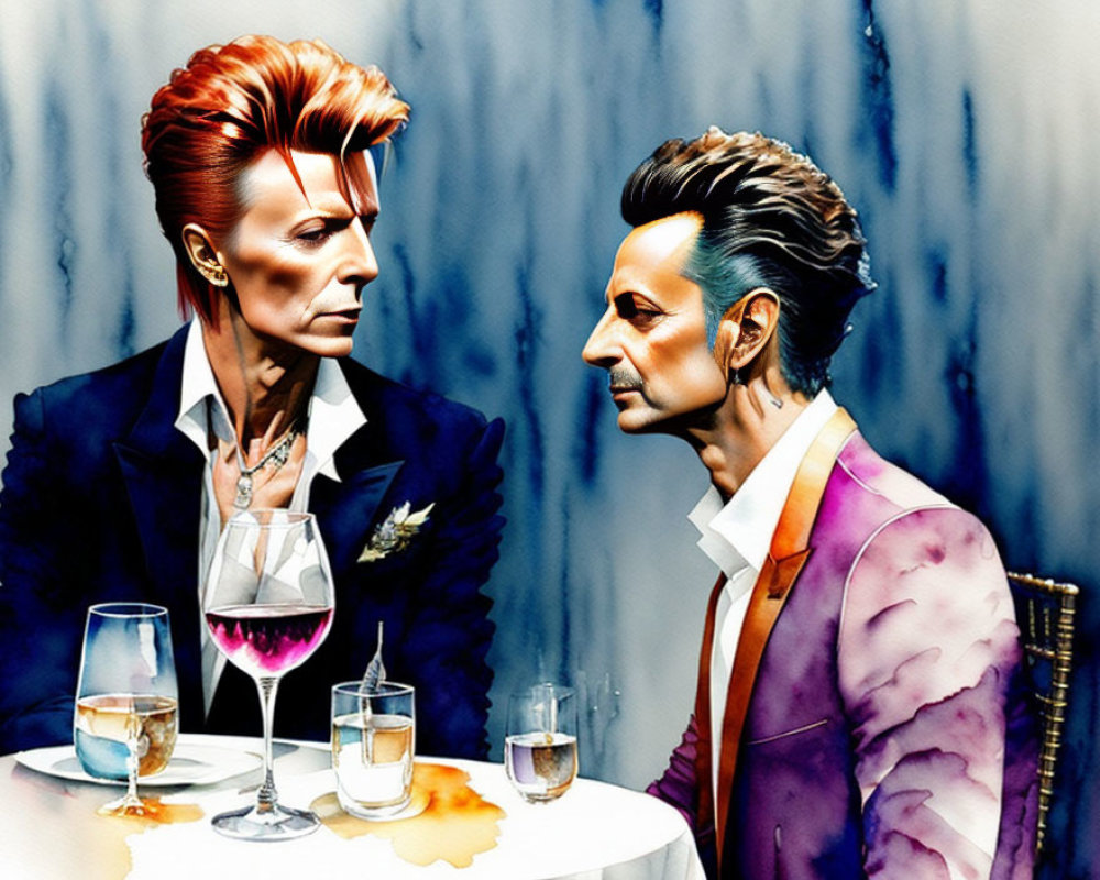 Stylized illustrations of men with unique hair styles in a blue-toned setting