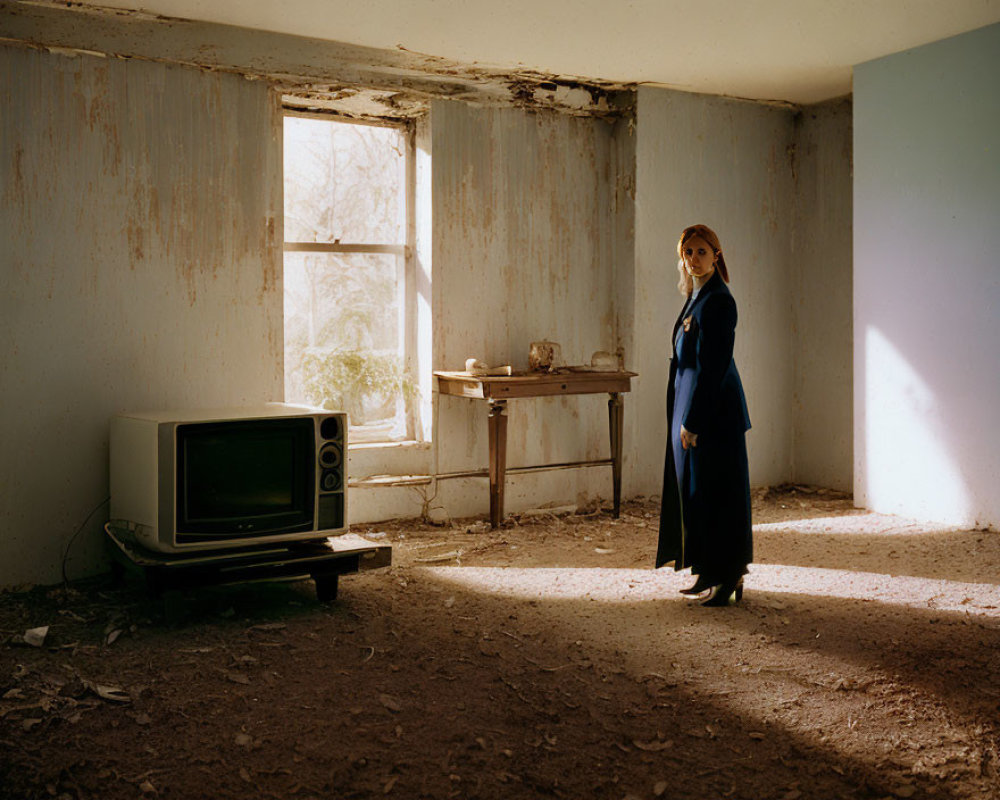 Abandoned room with peeling walls, vintage TV, and natural light.