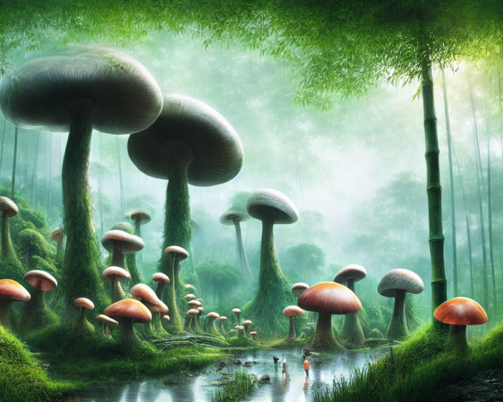 Enchanting forest with oversized mushrooms and bamboo trees in foggy ambiance