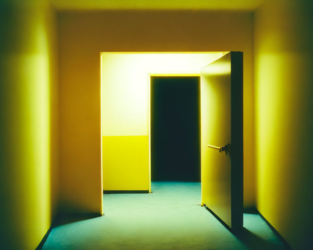 Dimly Lit Corridor with Yellow Walls and Bright Yellow Door Frame