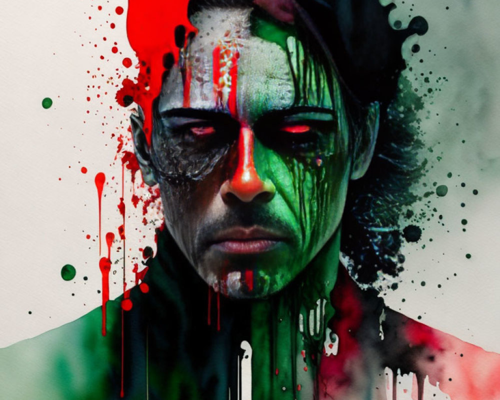 Vivid half-painted face portrait with red and green paint drips