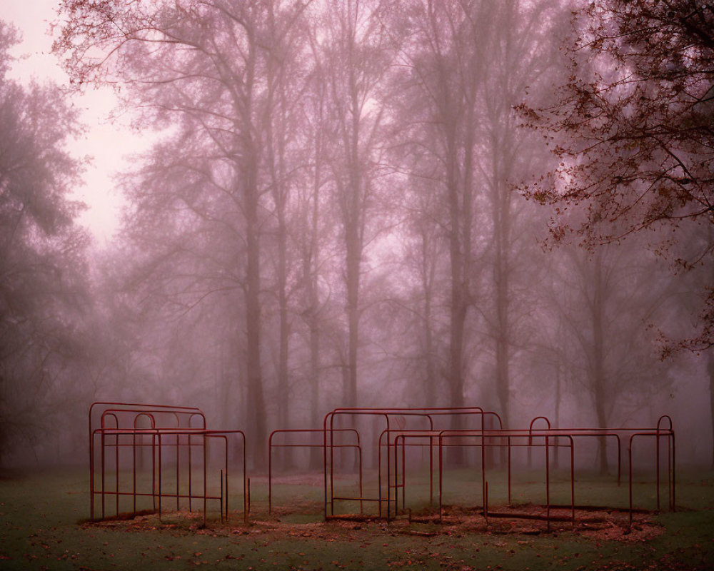 Foggy landscape with bare tree silhouettes and metal benches