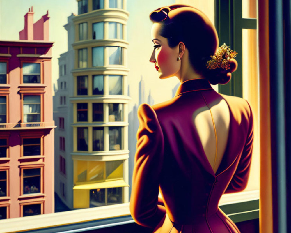 Vintage burgundy dress woman stands by window in sunlight with city view