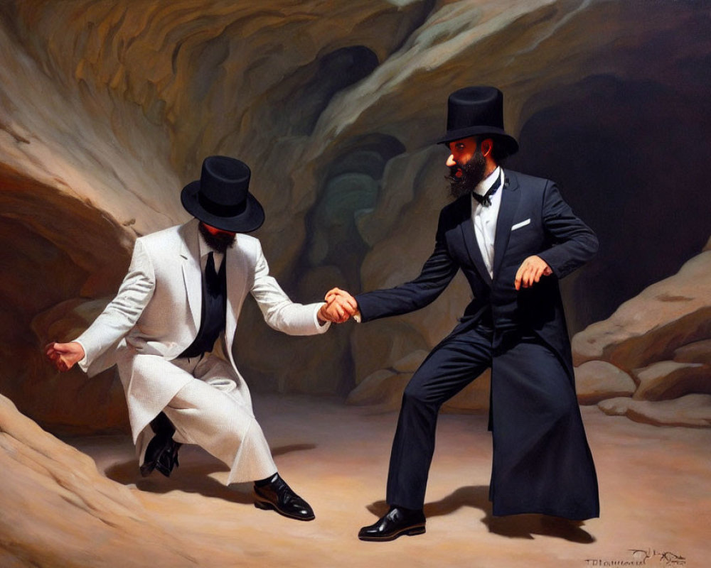 Anthropomorphic dogs in suits and top hats shaking hands in cave setting