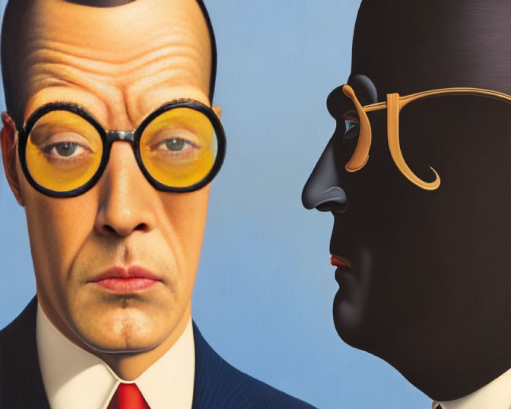 Surrealist painting of two men in suits with round glasses