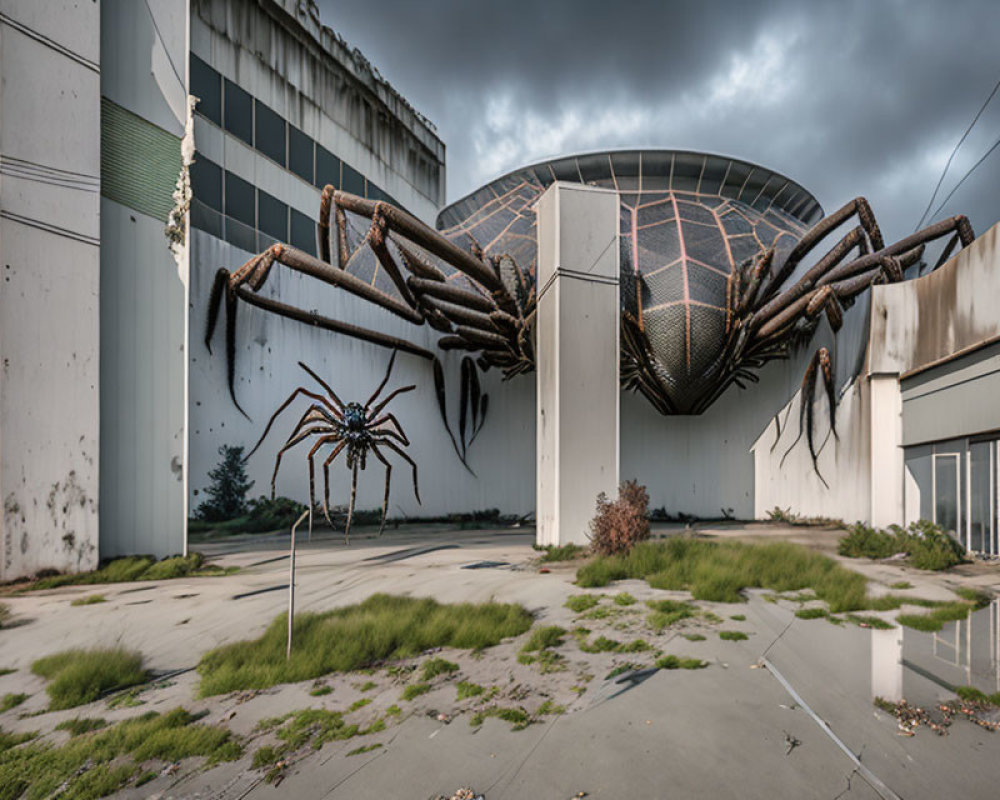 Realistic Spider Sculpture on Worn Building with Overgrown Weeds