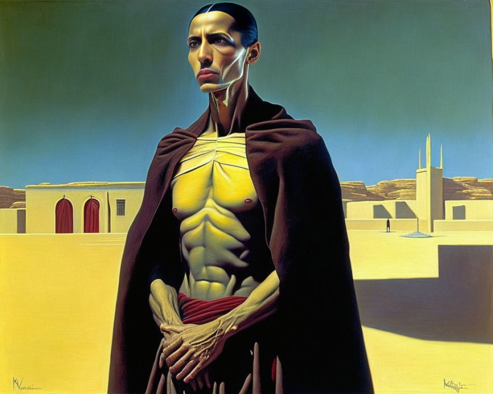 Surreal painting: Figure with long neck and cape in desert landscape