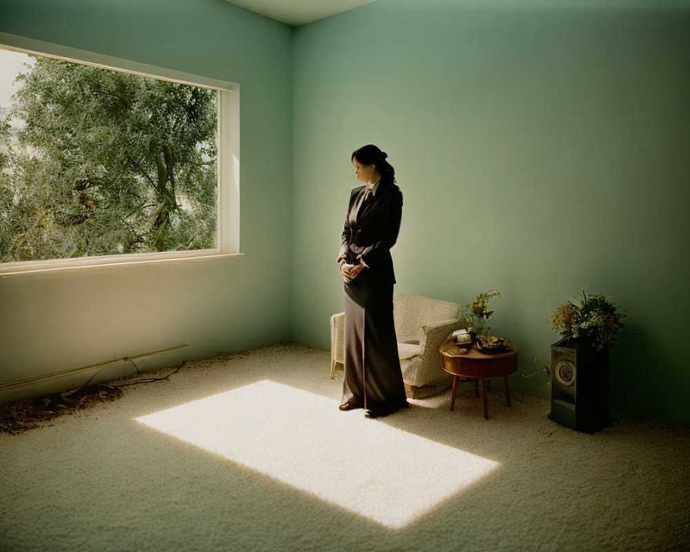 Person in sunlit blue room with plant and chair by window