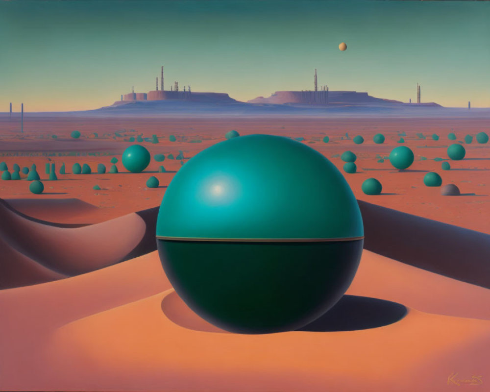 Surreal landscape painting with green sphere, sand dunes, factory, and two moons