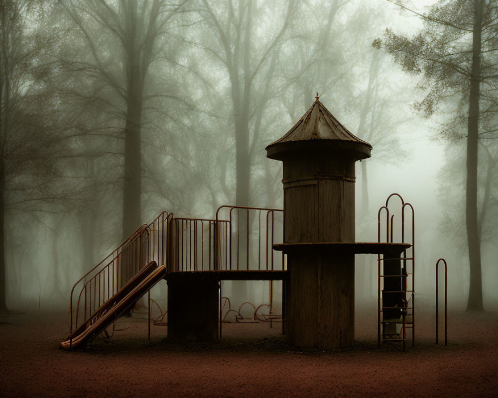 Abandoned playground in foggy forest with slide, guard tower, and swings