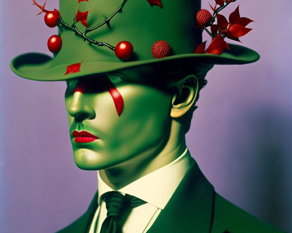 Stylized portrait of person with green skin and hat on purple background