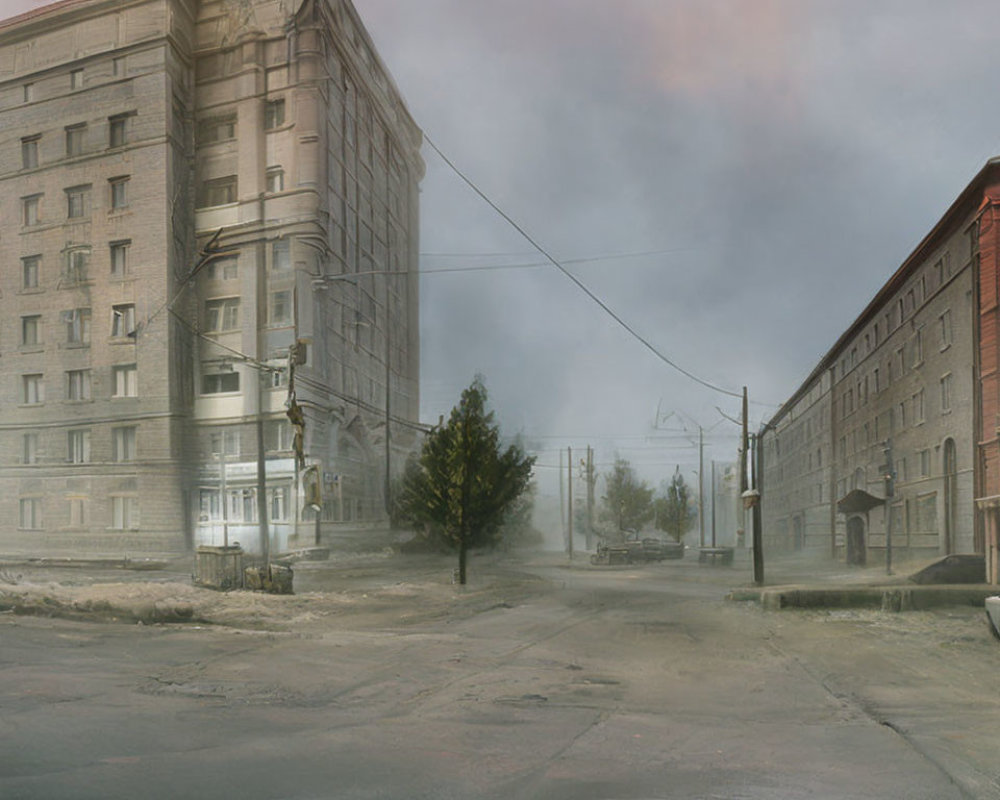 Abandoned urban crossroads with rundown buildings, lone tree, and classic car