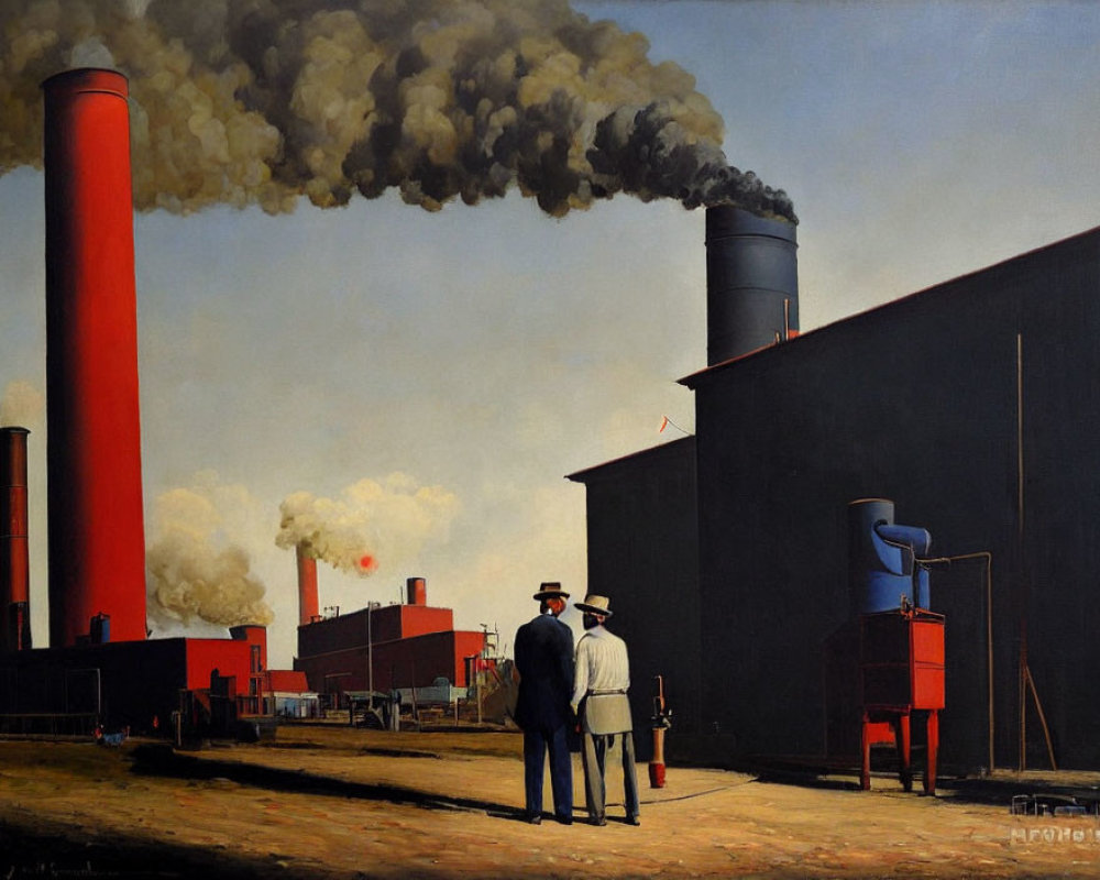 Two men in white hats at industrial site with smokestacks against blue sky