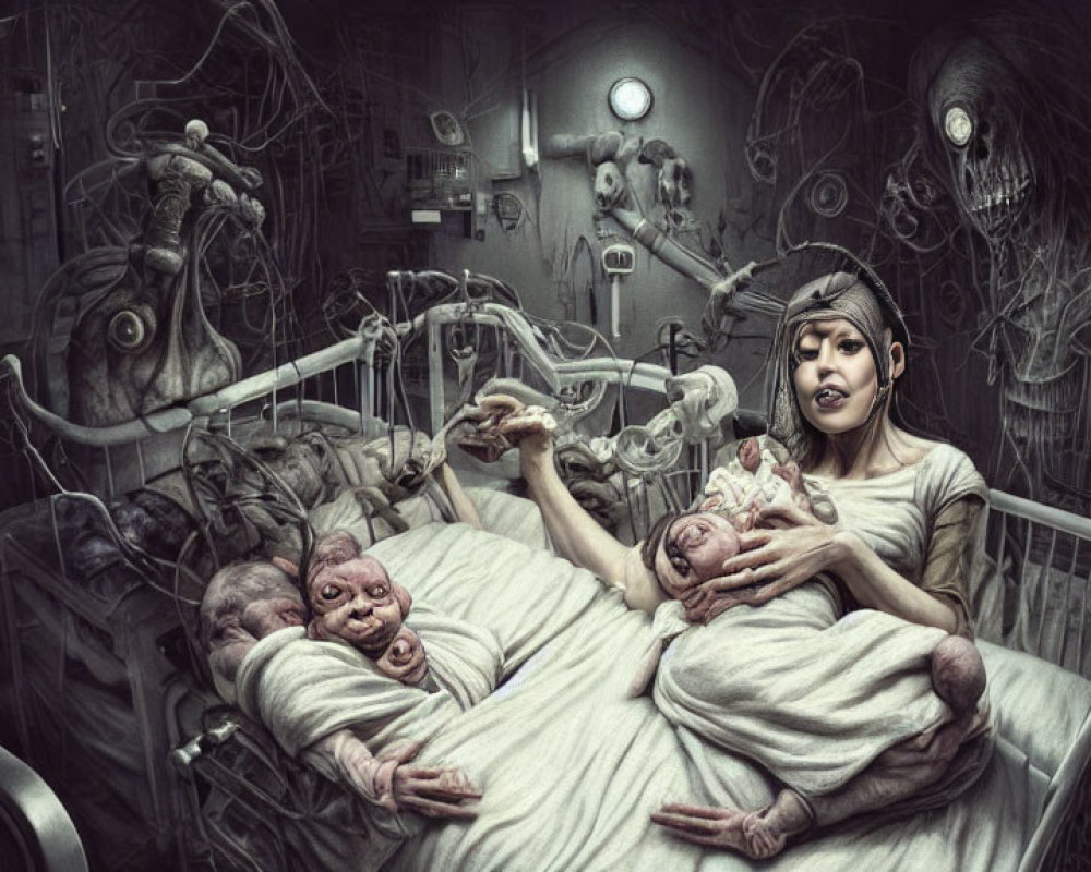 Surreal dark art: person in hospital bed with grotesque creatures