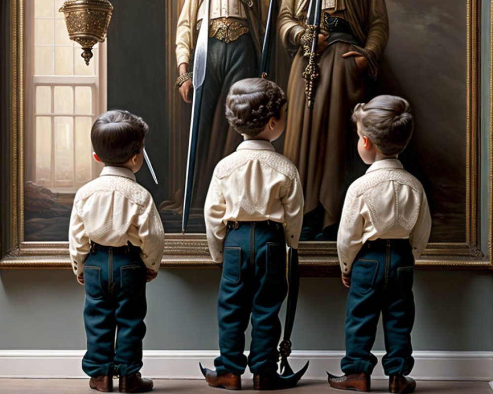 Three young boys in vintage attire admiring painting of nobleman with backlit window and woman's dress