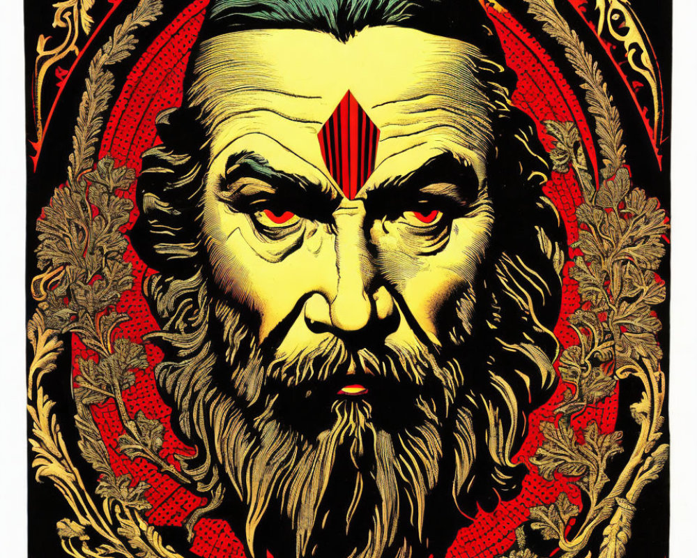 Detailed Illustration of Bearded Man with Stern Expression and Red Symbol