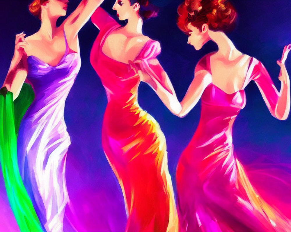 Vibrant women in colorful evening gowns dance against purplish-pink backdrop