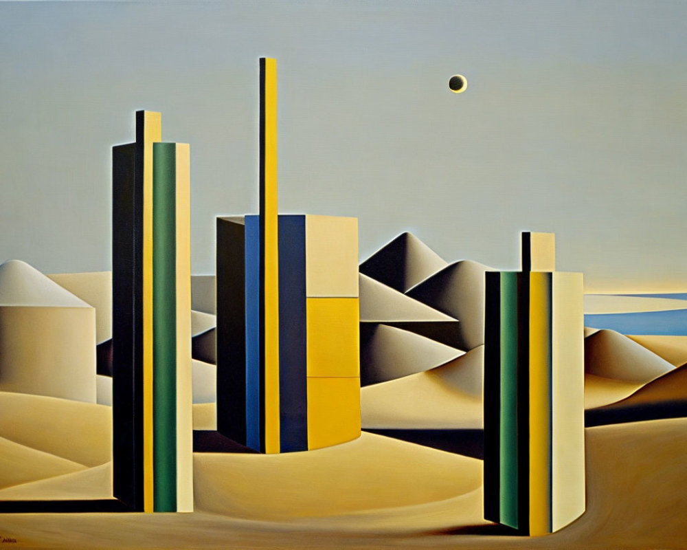 Geometric abstract painting of buildings in desert landscape