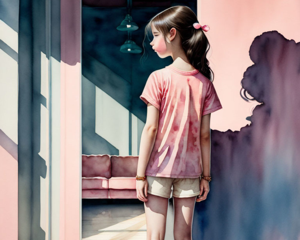 Girl in Pink Shirt Standing Before Open Door with Pink Couch and Pendant Lights