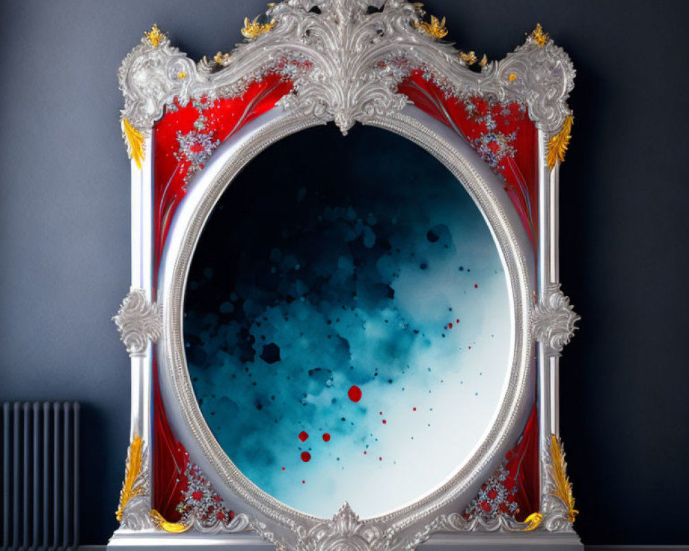 Silver frame with red and gold accents around abstract cosmic background on dark wall