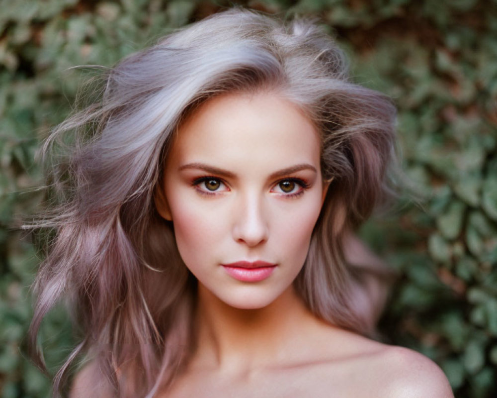 Portrait of Woman with Flowing Grey Hair and Piercing Eyes on Green Leafy Background