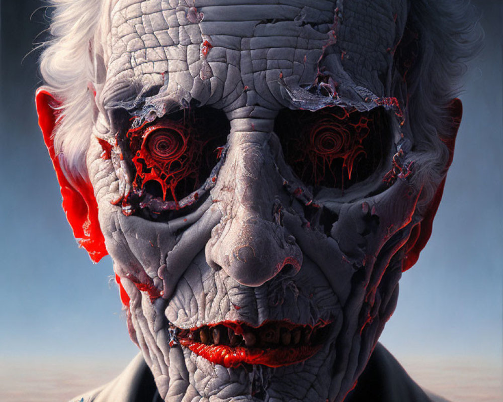 Hyper-realistic artwork of elder with cracked complexion and red patterns.