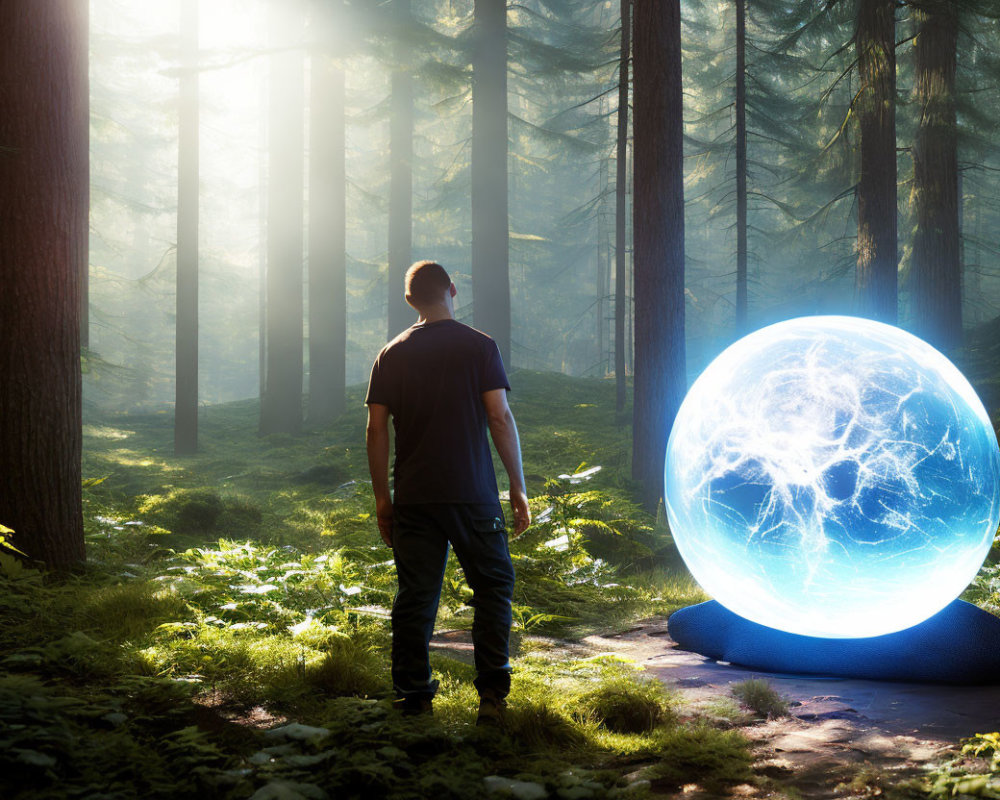 Man in sunlit forest with glowing orb and lightning patterns