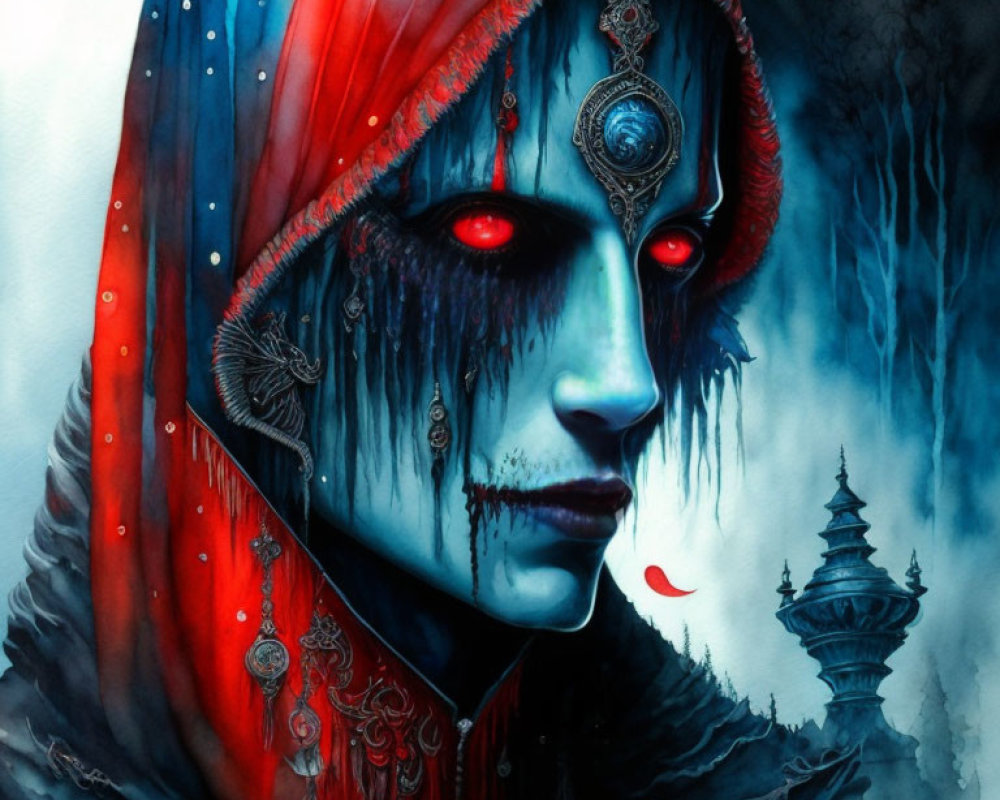 Mysterious figure in red and blue hood with intricate jewelry against misty backdrop