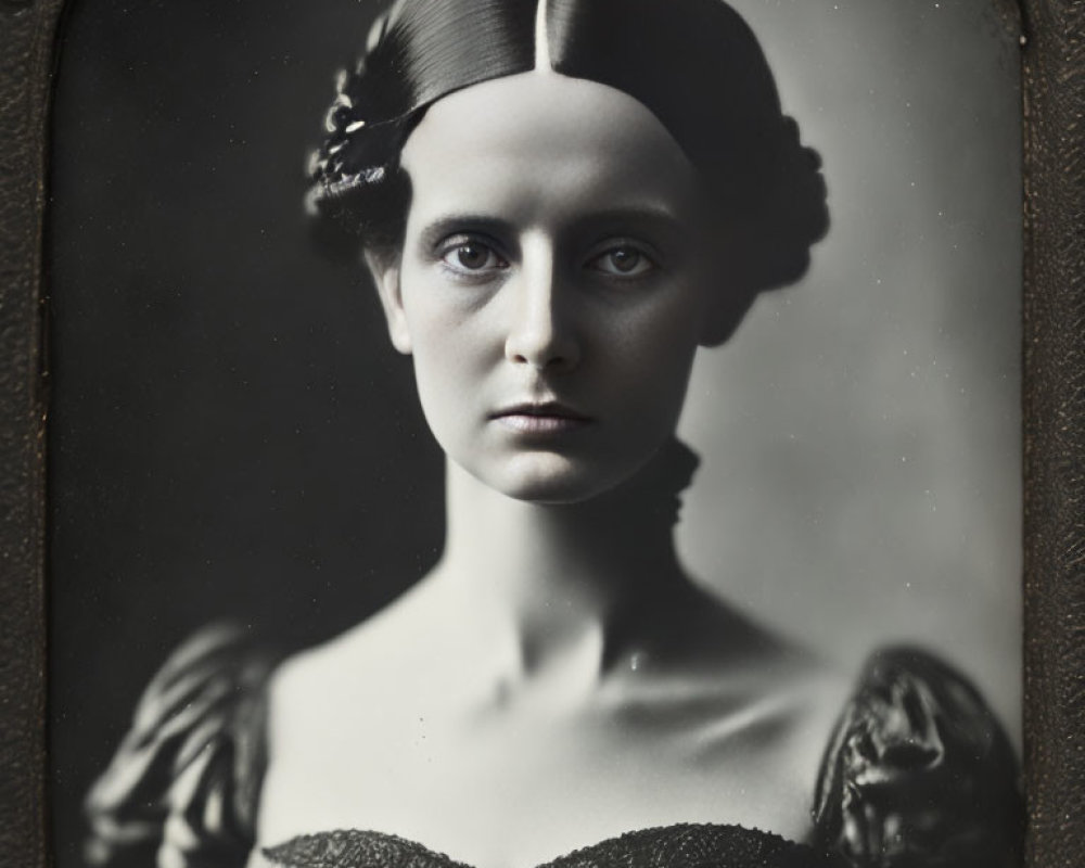 Vintage Portrait of Woman with Center-Parted Hair in Oval Frame