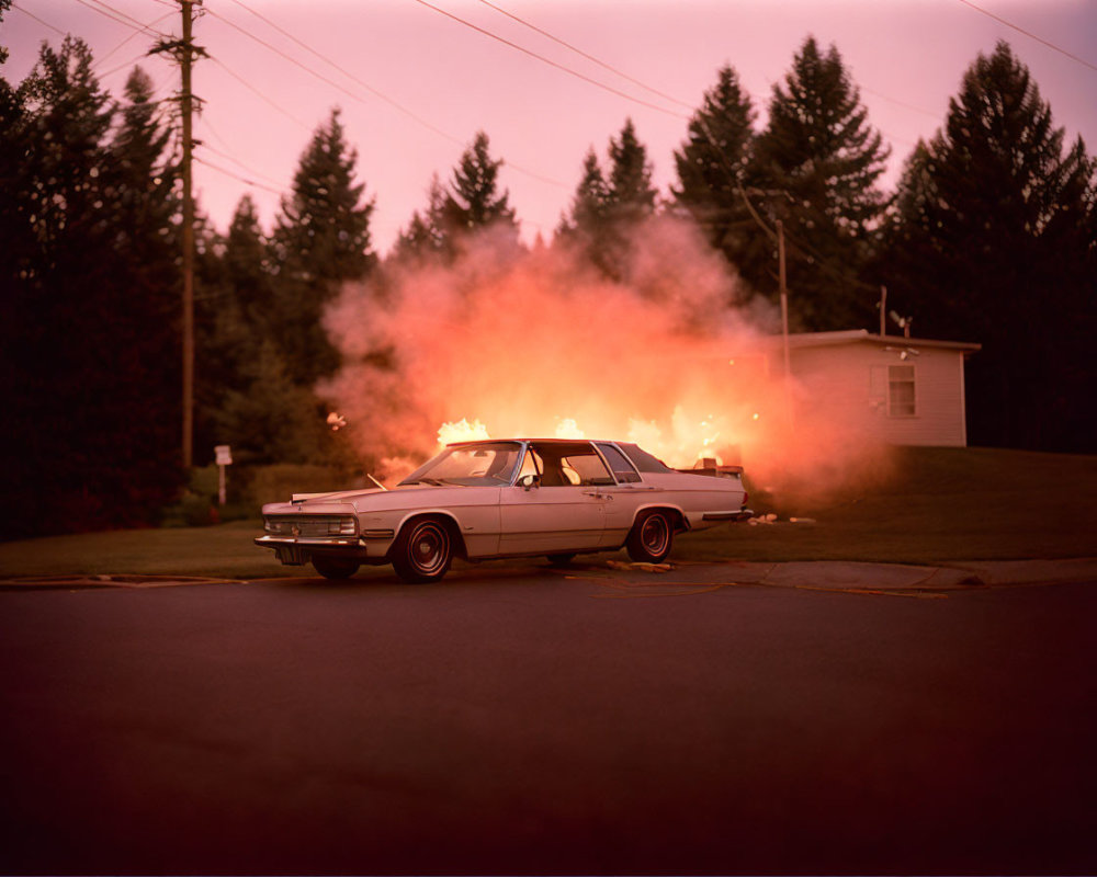 Vintage car engulfed in flames on quiet street at dusk