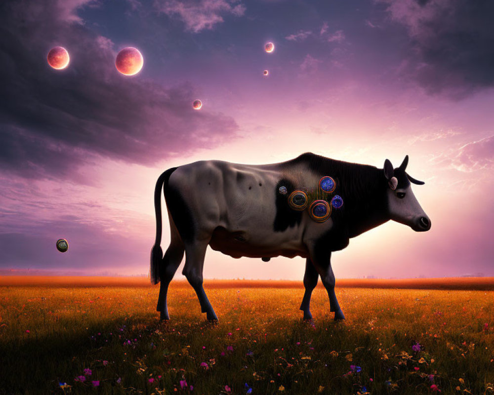 Colorful cow with circular patterns in surreal field under purple sky