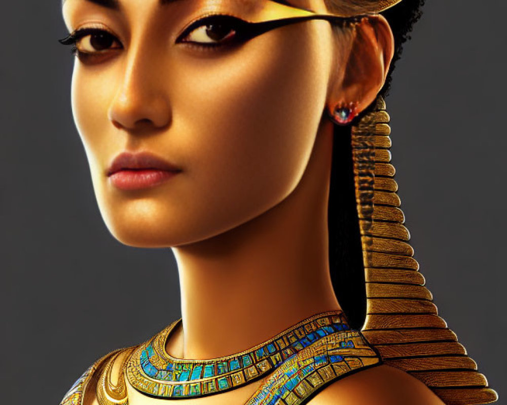 Ancient Egyptian Woman with Golden Headdress and Eye Makeup