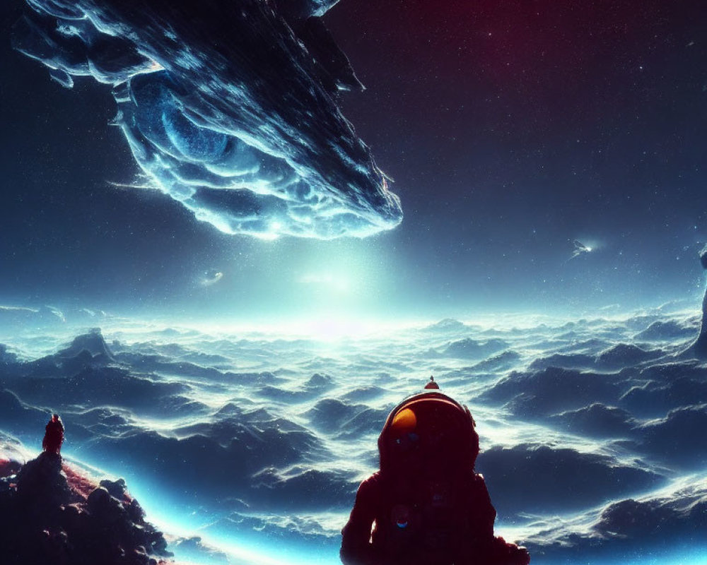 Astronaut on rocky surface gazes at sea of clouds under starry sky