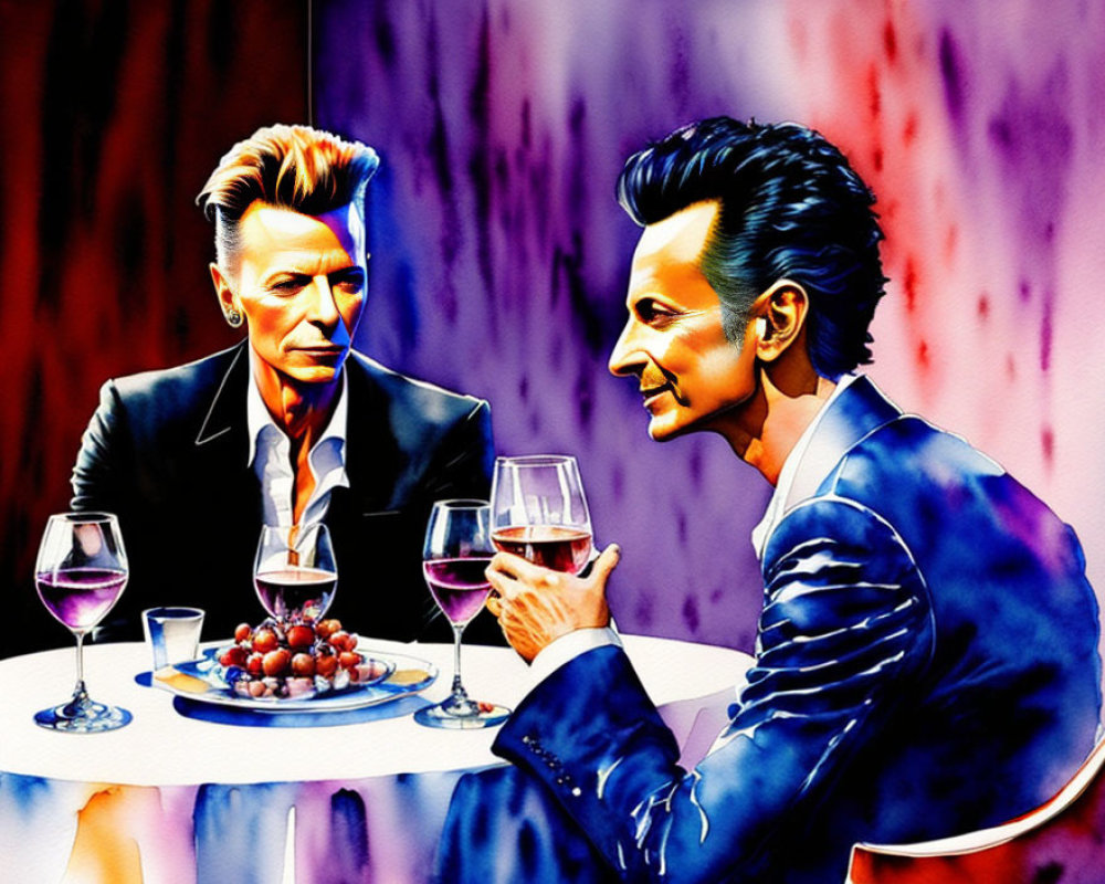 Colorful animated men chat over wine and grapes at table