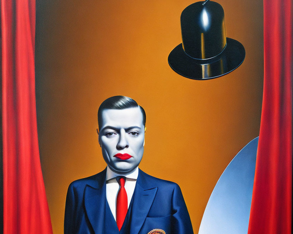 Surrealist painting of man in suit with bowler hat and apple on red curtain background