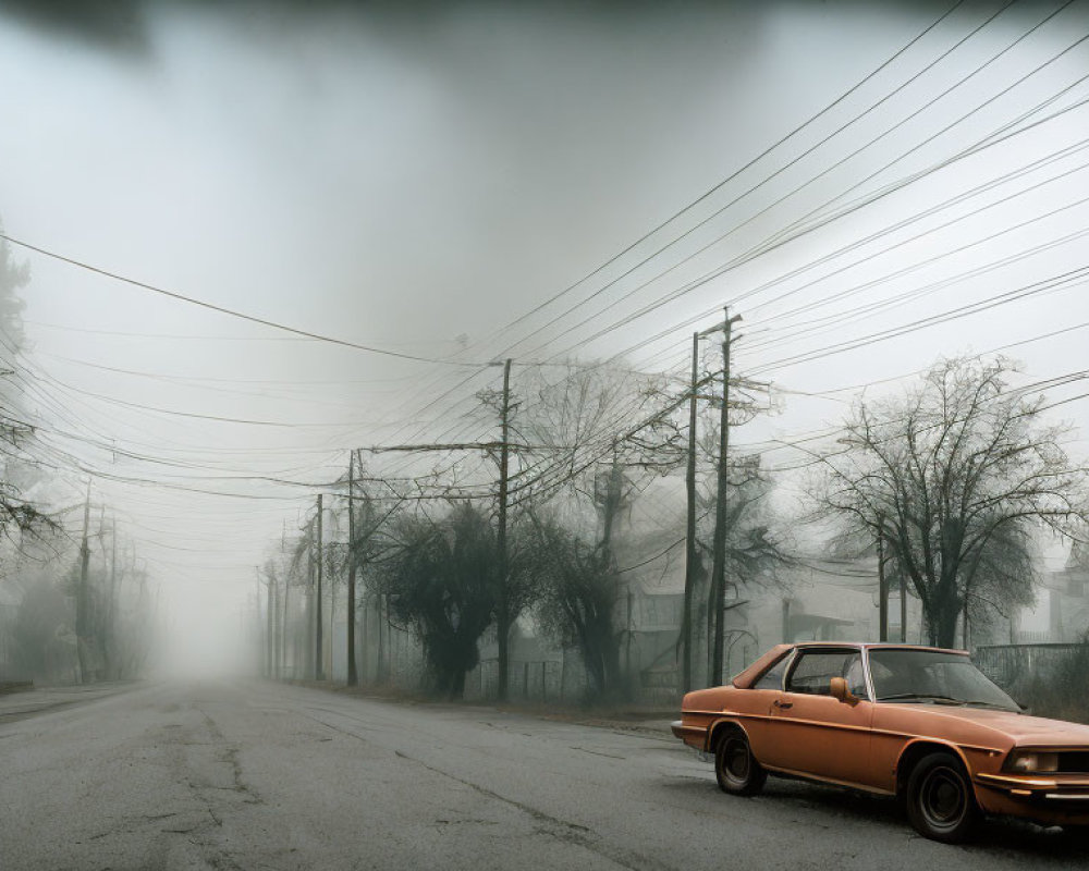 Vintage orange car in foggy street with bare trees and power lines.