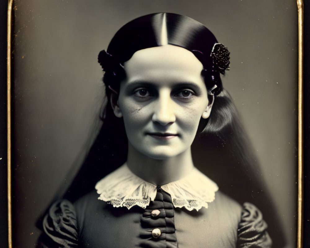 Vintage Portrait of Woman with Center-Parted Hair and Floral Adornments