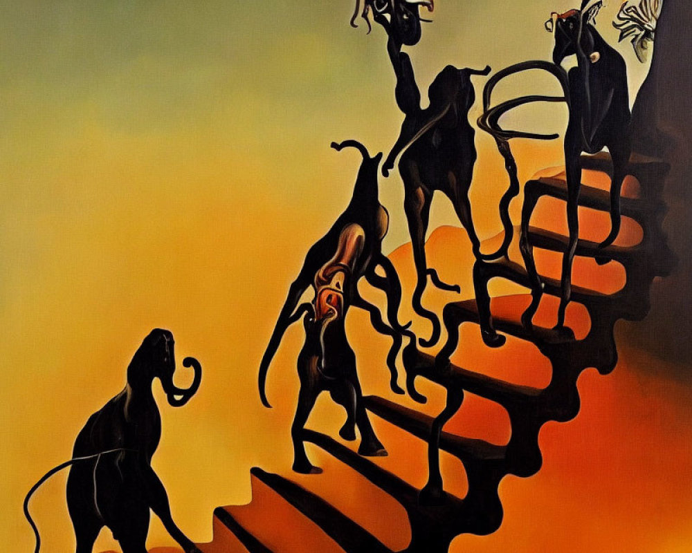 Stylized animals on spiral staircase in abstract painting