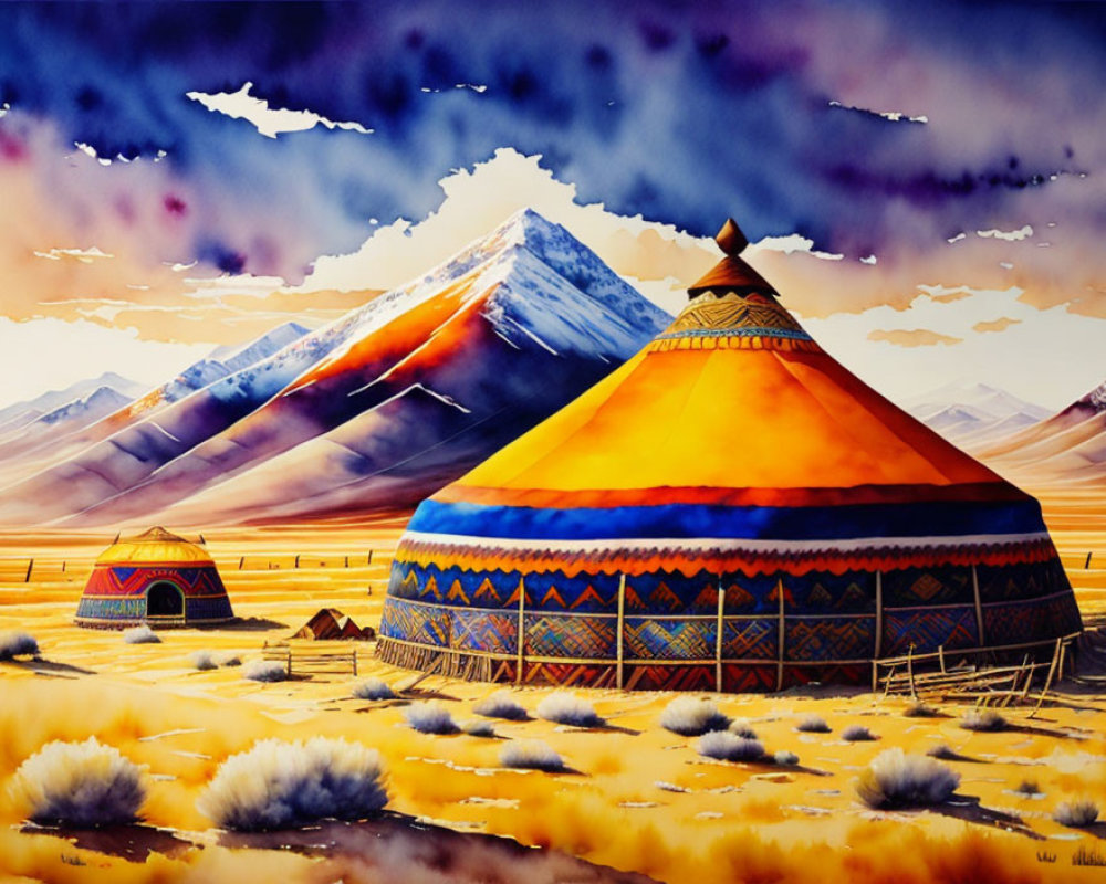 Vibrant traditional yurts in desert with snowy mountains and dramatic sky