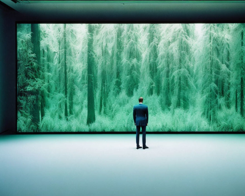 Business person captivated by lush green forest on screen