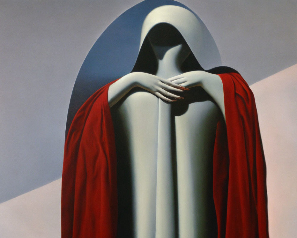 Surreal painting of faceless figure in red cloak on geometric backdrop