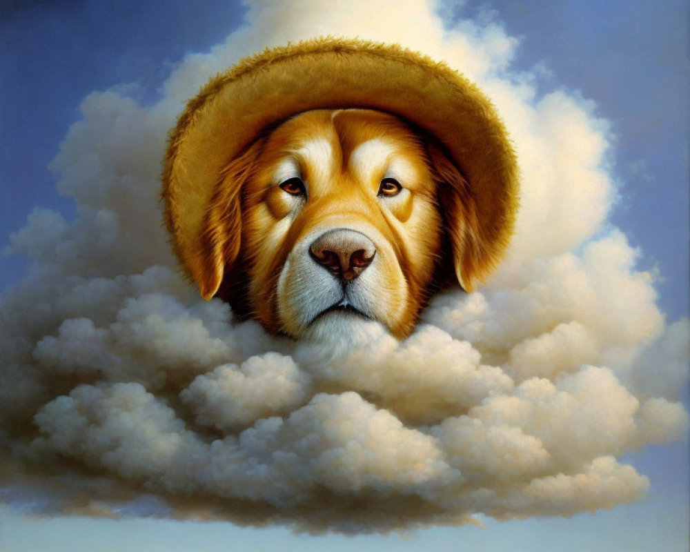 Golden Retriever Head in Cloud with Halo on Blue Sky