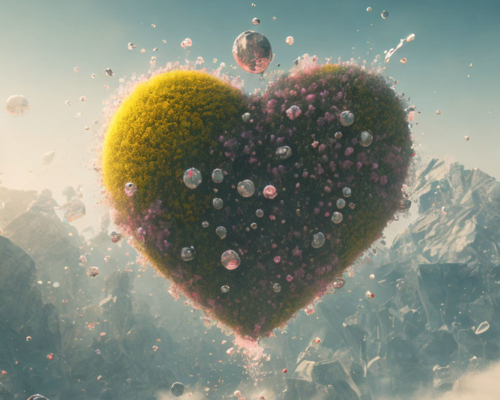 Heart-shaped island with green and pink foliage amidst rocks and bubbles under hazy sky.