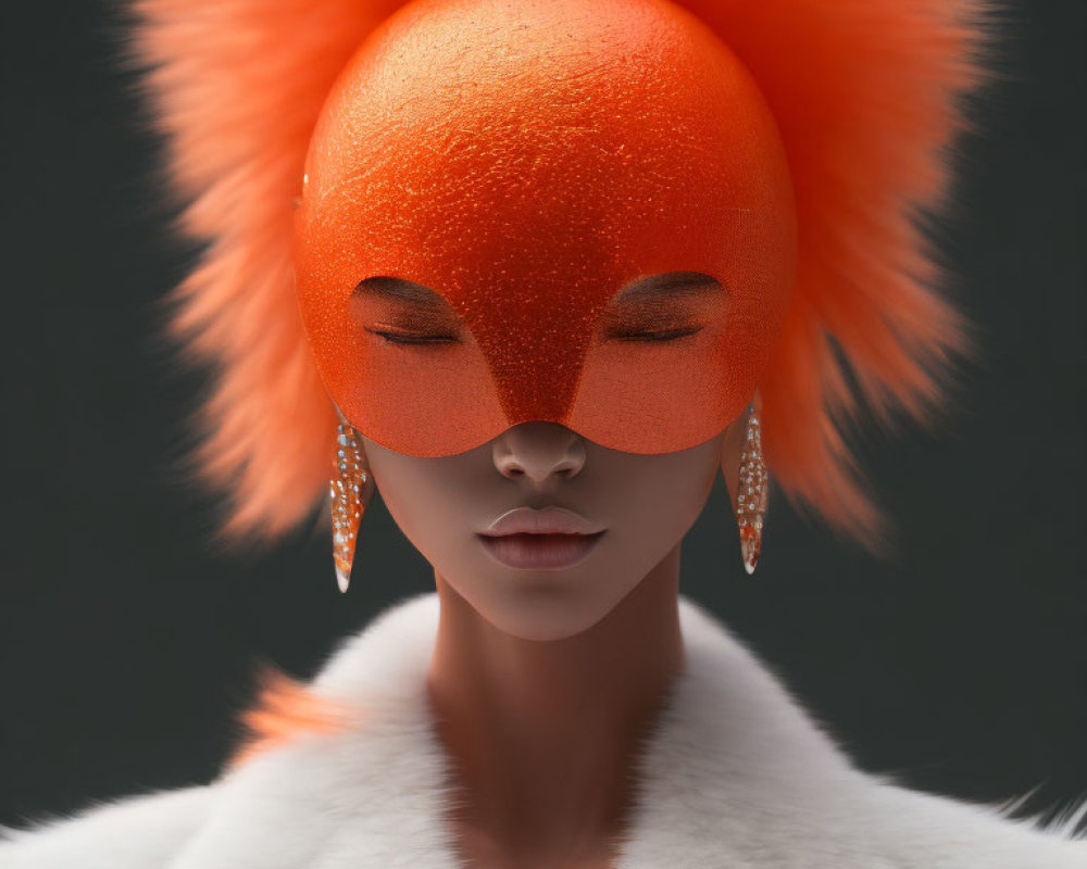 Person with closed eyes in vibrant orange mask and white fur collar