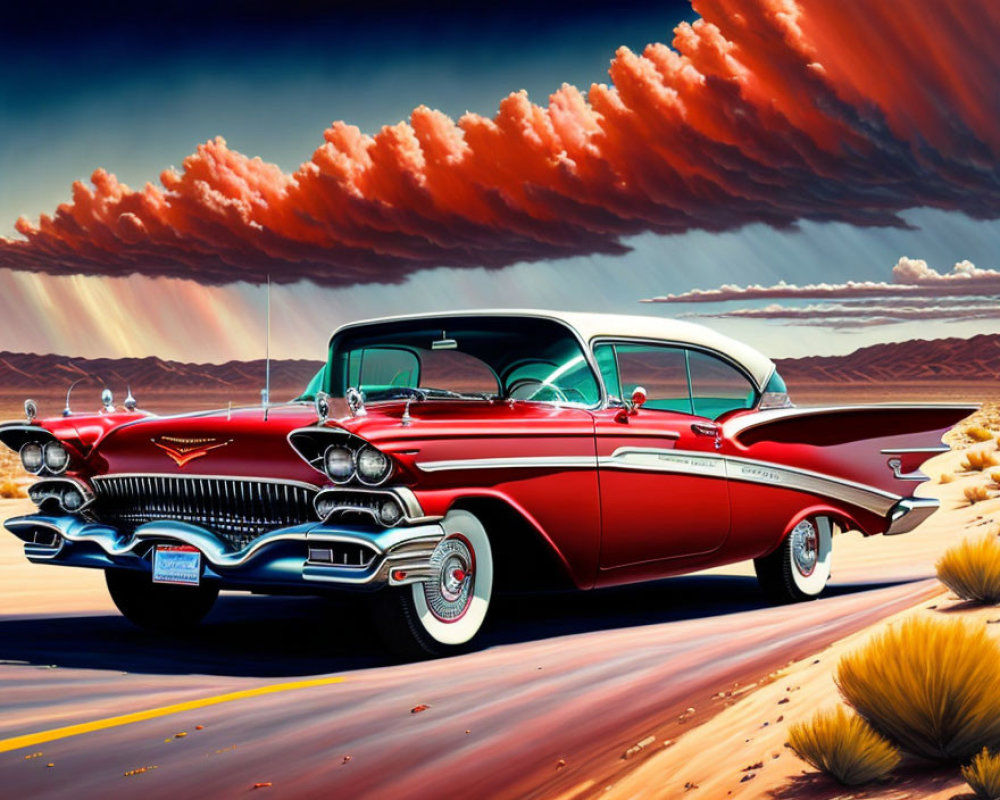 Vintage Red and White Car in Desert Landscape with Vibrant Sky