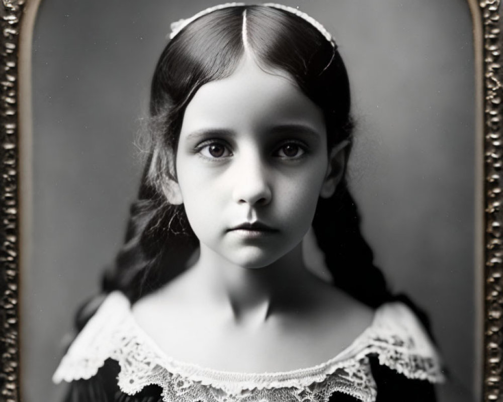 Young girl in vintage-style portrait with piercing eyes and lace collar, framed in ornate oval frame