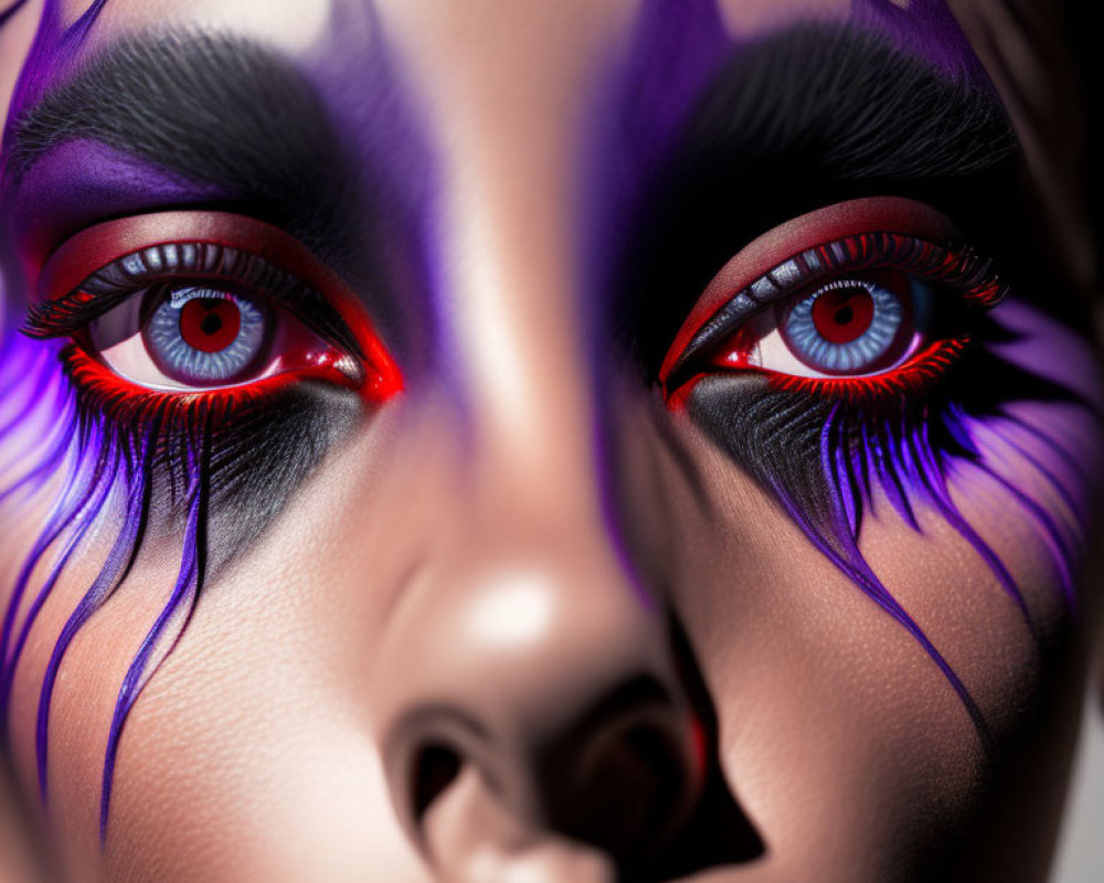 Detailed close-up of person with dramatic purple makeup and bright red eyes.