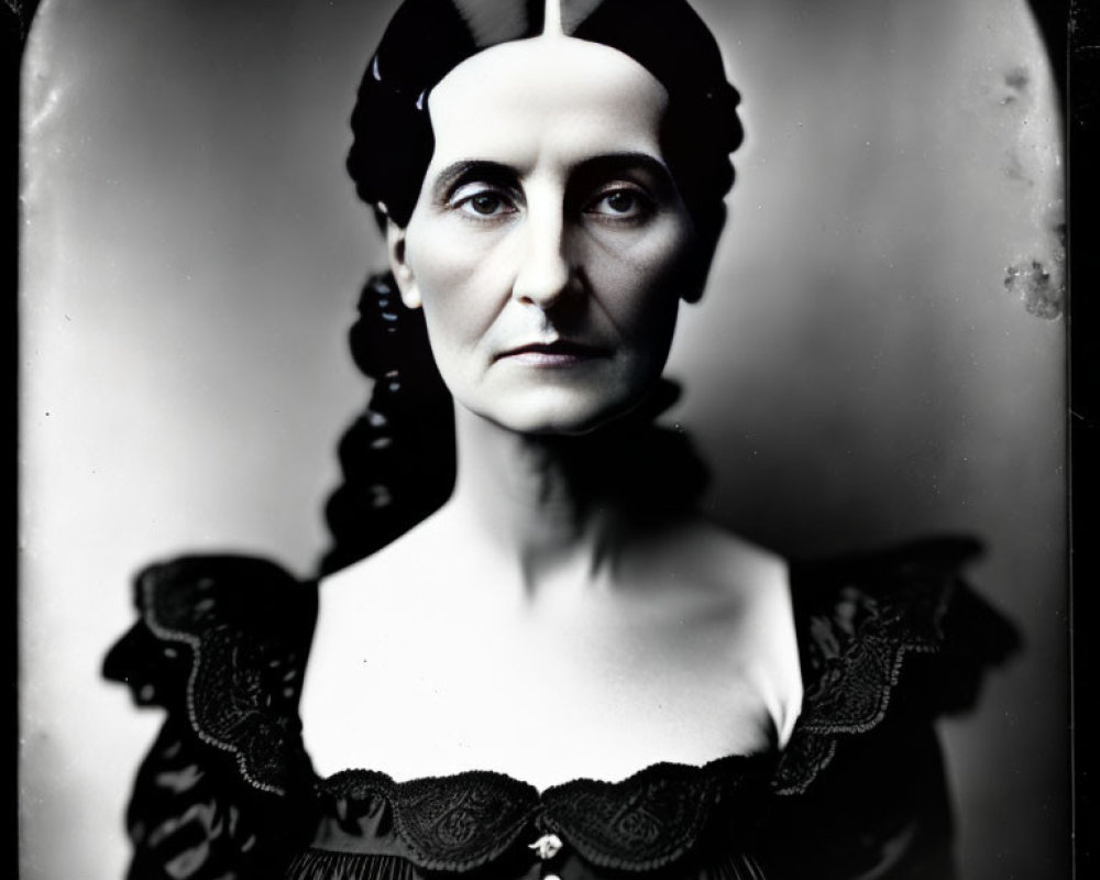 Monochrome portrait of woman with center-parted hair in dark dress